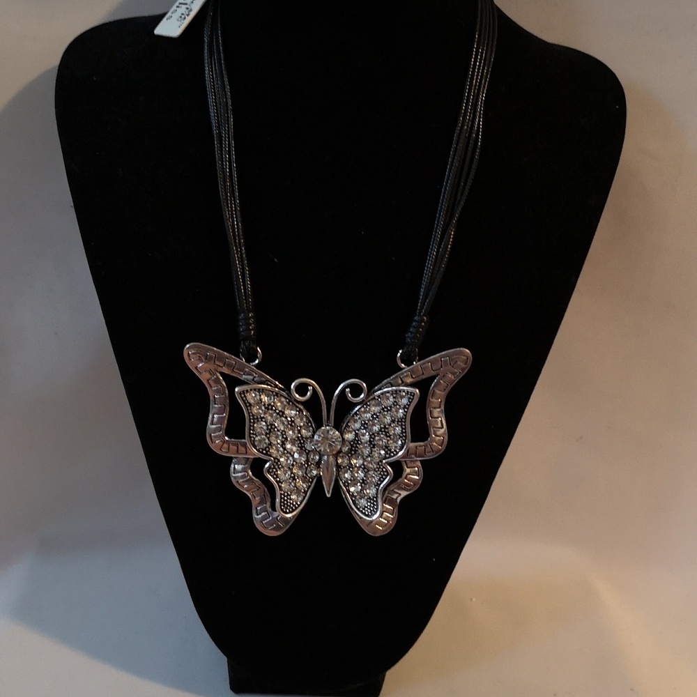 Gorgeous and Unique Silver Tone with Rhinestone Butterfly Multi-strand Necklace